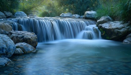 Waterfall at Dawn, a waterfall early hours of the day, resulting in a silky smooth flow of water against a serene backdrop