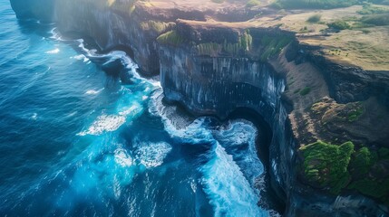 A stunning aerial view of a dramatic and rugged ocean coastline, with towering cliffs and crashing...