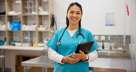 Happy woman, portrait and veterinarian with tablet for animal healthcare, shelter or emergency at...