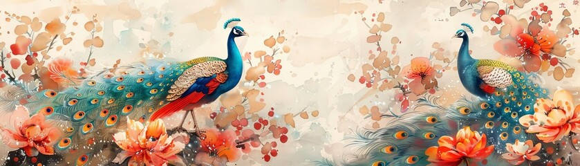 Fototapeta premium A sweeping panorama of peacocks radiating festive Christmas cheer in July, decorated with holiday ornaments amidst a lively summer environment, watercolor style