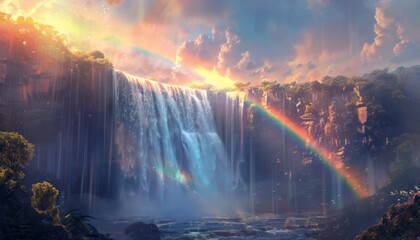 Twilight Waterfall in Mountain Valley, paints a picture of a waterfall framed by towering mountains, with the soft glow of twilight casting a magical ambiance