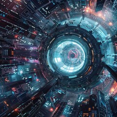 Fototapeta premium A futuristic cityscape with a large, glowing, circular structure in the center