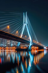 Fototapeta premium A bridge spans a river at night, with lights illuminating the area