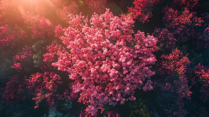 Sunlit pink cherry blossom tree in full bloom