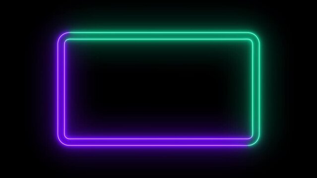 Purple and cyan Neon rectangle frame loop animation. rectangular glowing frame with moving line. neon shape line animation. flickering neon border frame animation