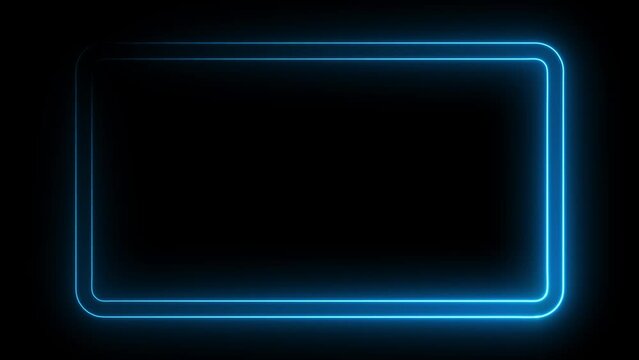 Cyan Neon rectangle frame loop animation. rectangular glowing frame with moving line. neon shape line animation. flickering neon border frame animation