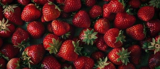 Ripe strawberries dominating the shot from an aerial perspective.