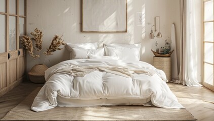 A simple yet elegant bedroom scene featuring a mockup background, highlighting the comfort and luxury of the bedding and furnishings.