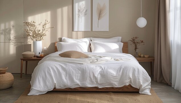 A simple yet elegant bedroom scene featuring a mockup background, highlighting the comfort and luxury of the bedding and furnishings.