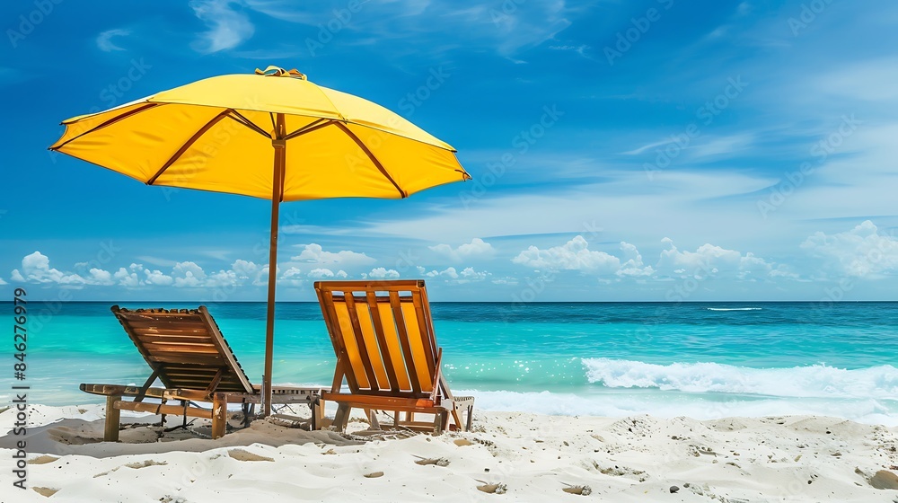 Wall mural yellow beach umbrella and deck chairs on the beach on a clear day on beach