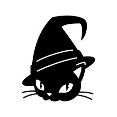 Black cat face in witch hat graphic illustration. Vector art for badge, icon, logo, stamp, emblem, print with spooky and halloween atmosphere.