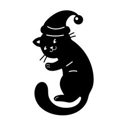Funny kitten silhouette in santa hat graphic emblem. Vector flat illustration for stamps, print, logo, template for decorating gifts.