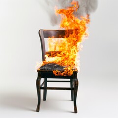 Burning chair isolated on white background. burning fire object concept for designer