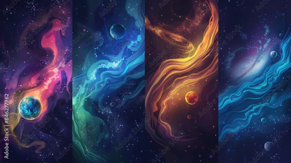 Canvas Prints four different space scenes with planets and stars