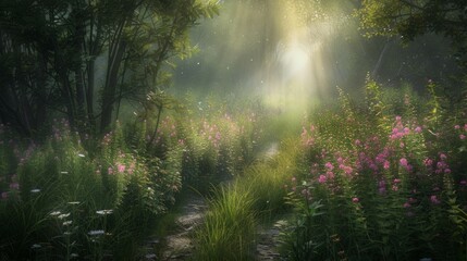 Obraz premium The forgotten roadway is overgrown with wildflowers and tall grass the remnants of a once bustling path now hidden and renamed by . AI generation.