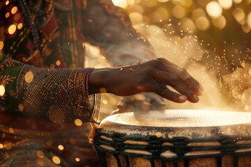Enthralling Rhythms: Close-up of Hands Drumming on African Drums at Juneteenth Celebration with Dust Particles in Sunlight