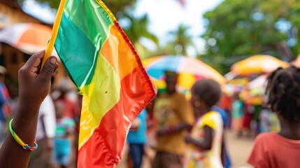 Celebrating Juneteenth - Close-up of Child's Hand Holding Vibrant Flag at Community Event