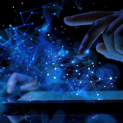 A blue and white colors featuring digital connections or data points background