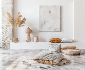 Meditation space in a room with serene vibes, minimal furniture and copyspace. Home interiors composition.