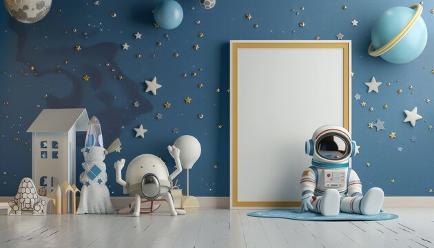 Creative Space Themed Kids' Room with Mock-Up Poster and Starry Decor suitable for business background, posters, wallpapers, banners, greeting cards, and advertising for business entities or brands.