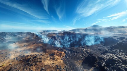 A dramatic and awe-inspiring volcanic landscape with a smoky bellows. The bright blue sky overhead creates a striking contrast to the landscape.