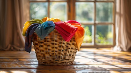 full landry basket with assorted garments in vibrant colors