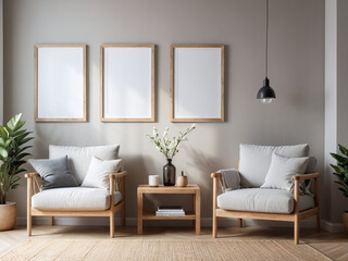 Blank DIN A Wooden Vertical 3 Set of PSD Frame Mockup, Minimalist Scandinavian Interior Living room Background