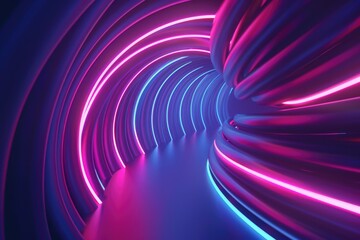 A long, curving tunnel with neon lights
