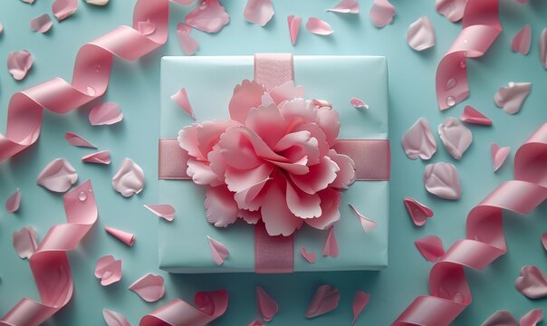 Blay gift box celebrating Ribbons isolated on pink background with confetti and flowers. Woman`s day, Valentine`s day, Birthday  holidays greeting card, frame, banner. Close up, top view, copy space