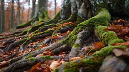 Obraz premium Moss growing on tree roots with dried leaves nearby