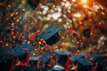 A dynamic, tilted angle view of graduation fireworks in a jubilant, celebratory display with a festive atmosphere