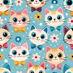 Seamless pattern of cartoon kittens with big, sparkling eyes and playful expressions, each kitten adorned with tiny accessories like bows and collars, Generative AI