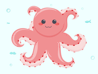 pink cute cartoon octopus character with tentacles in kawaii style hand drawn vector illustration