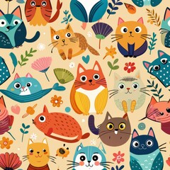 Naklejka premium Seamless pattern of cats in different breeds and colors, showcasing a variety of fur patterns and unique markings, Generative AI