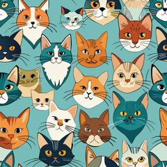 Seamless pattern of cats in different breeds and colors, showcasing a variety of fur patterns and unique markings, Generative AI