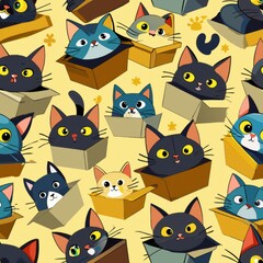 Seamless pattern of cats inside cardboard boxes and bags, peeking out with curious expressions and playful paws, Generative AI