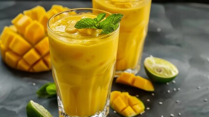 Delicious mango smoothie in glass jar on grey background with copy space. Refreshing summer drink