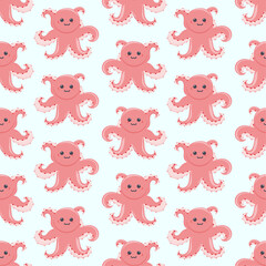 Obraz premium seamless pattern pink cute cartoon octopus character with tentacles in kawaii style hand drawn vector illustration