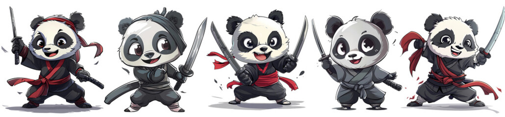collection of panda ninja cartoon sticker, png, generated ai