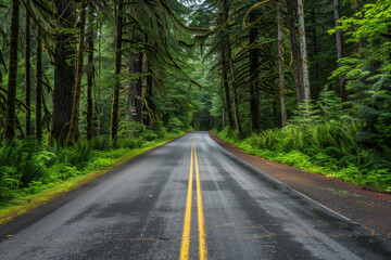 Obraz premium Scenic view of a road crossing the Hoh National Forest in Olympic National Park, Washington, United States. Beautiful natural landscape.