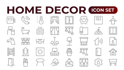 Set of furniture and home decor related icon set. home decor, decorations line icons. Contains such Icons as Children's Bed, Sofa, Hanger and more. Linear icon illustration collection.