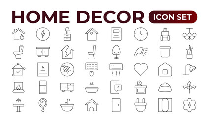 Set of furniture and home decor related icon set. home decor, decorations line icons. Contains such Icons as Children's Bed, Sofa, Hanger and more. Linear icon illustration collection.