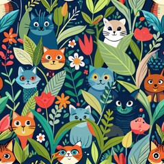 Seamless pattern of cats playing hide and seek in bushes and flowers, some cats hiding while others look on curiously, Generative AI
