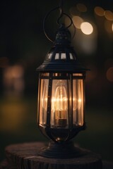 an old-fashioned light bulb is lit up in an outdoor