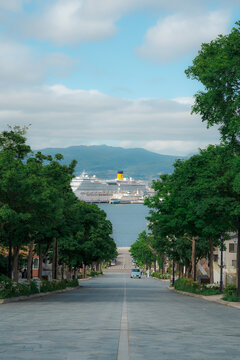 Amazing ocean and cruise ship view with city street of Hakodate from the Hakodate Mountain Hill. Surrounded by the green trees