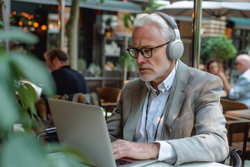 Fototapeta premium Focused elderly man with headphones working on a laptop, seated at an outdoor cafe, exuding concentration and dedication in a bustling urban environment