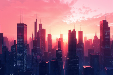 A futuristic cityscape bathed in the warm glow of sunset, with sleek skyscrapers silhouetted against a solid pink sky.