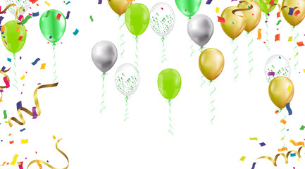 Bright and festive image featuring various colorful balloons and scattered confetti, depicting a celebration or party atmosphere
