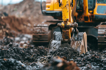 Fototapeta premium Selective focus on metal bucket teeth of backhoe digging soil at construction site. Crawler excavator in action, earth-moving machine.