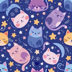 Fototapeta premium Seamless pattern of cats with little stars and moon elements around them, creating a dreamy night-time theme with sleeping and awake cats, Generative AI